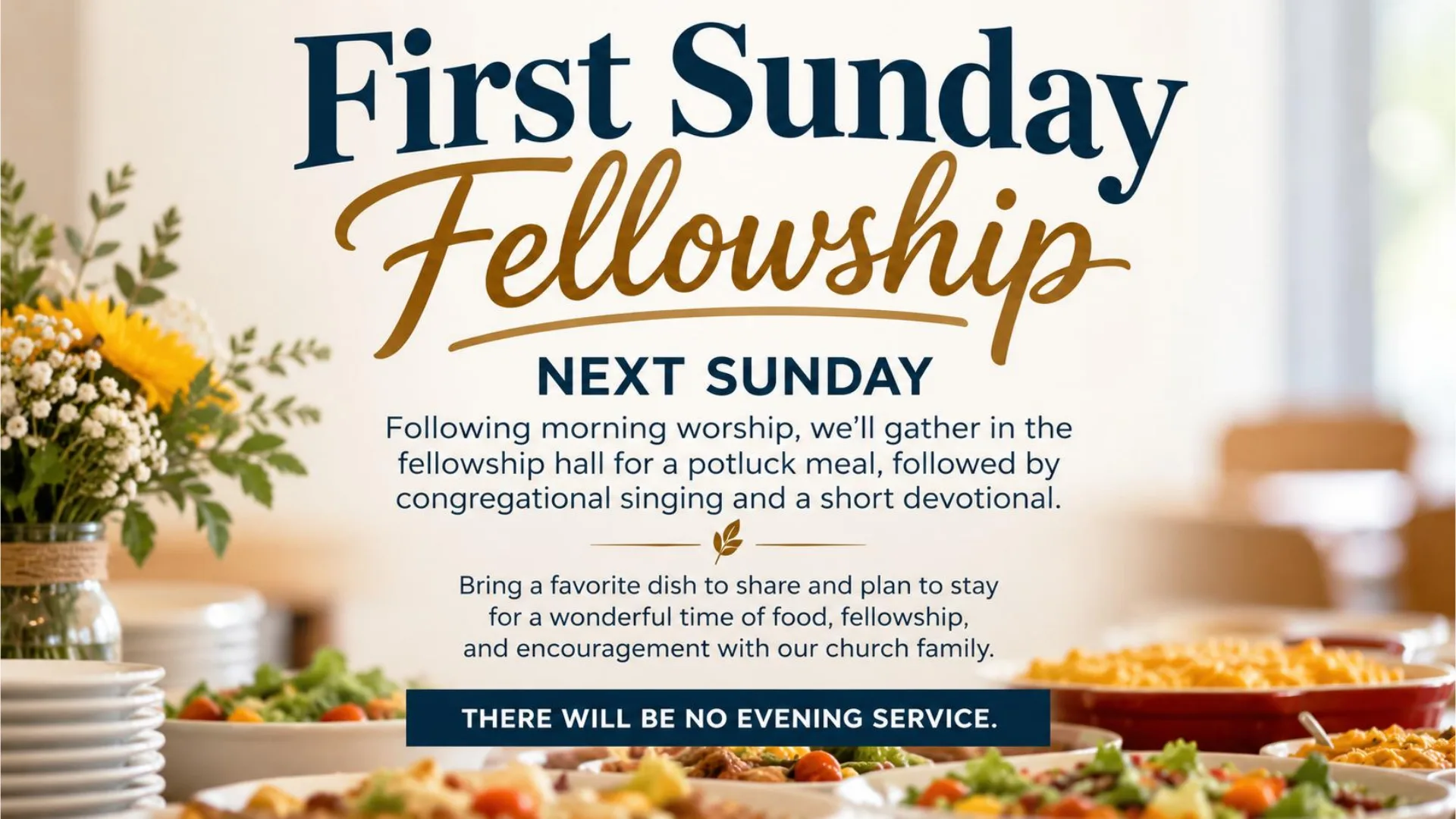 First Sunday Fellowship, next Sunday. After morning worship, a potluck meal in the fellowship hall, then congregational singing and a short devotional. There will be no evening service.