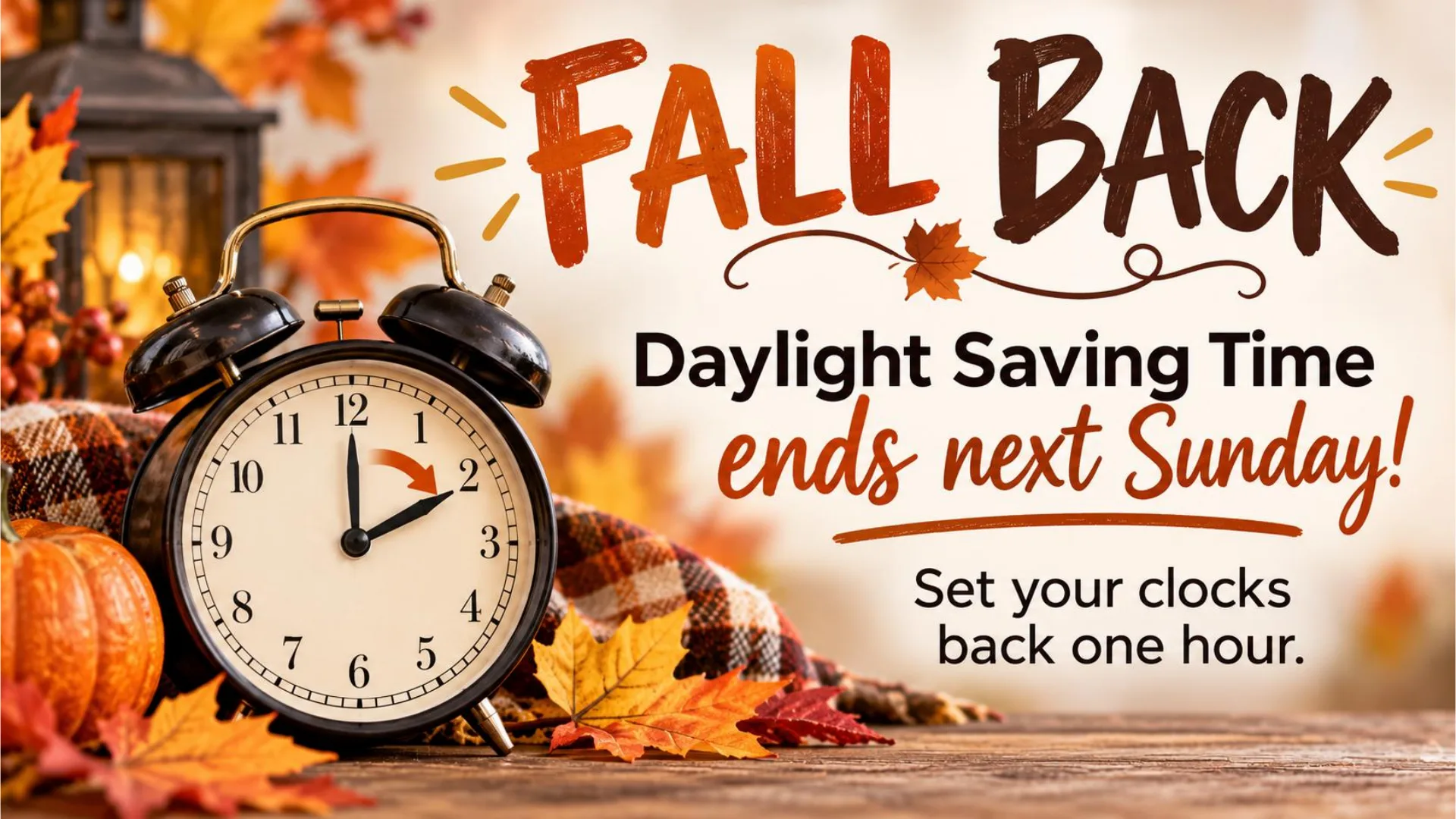 Fall back. Daylight Saving Time ends next Sunday. Set your clocks back one hour.