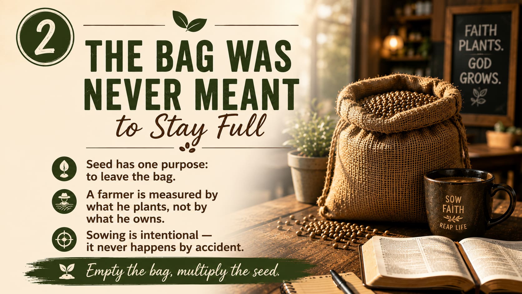 Point two — The bag was never meant to stay full. Empty the bag, multiply the seed.