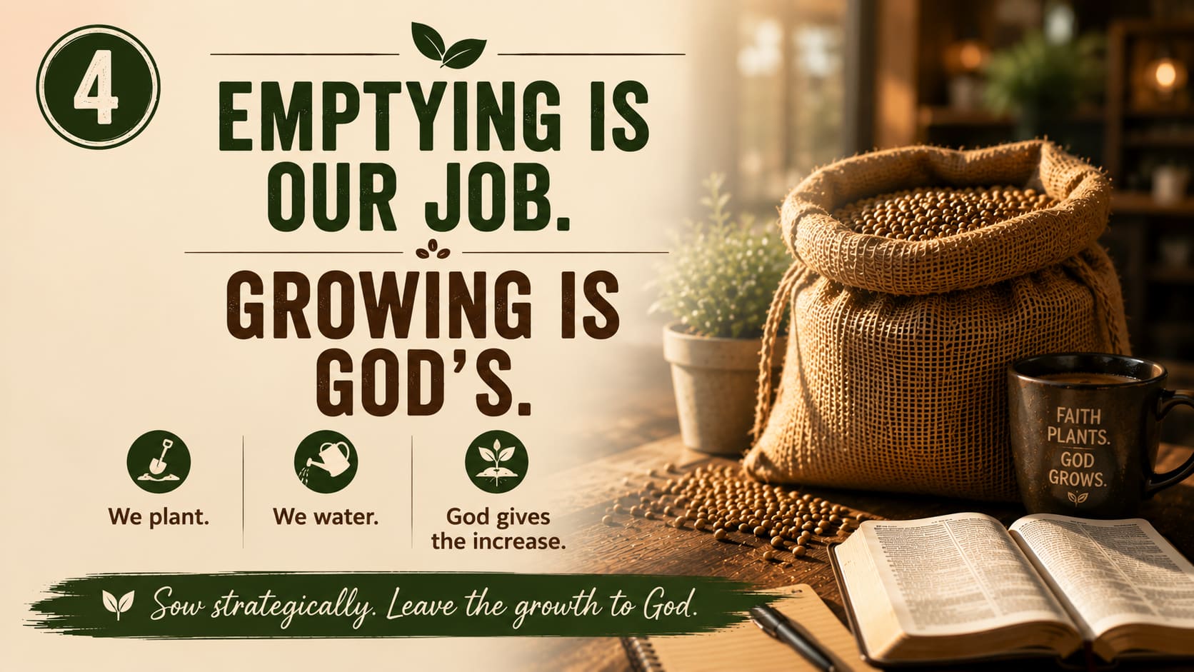 Point four — Emptying is our job. Growing is God's. We plant, we water, God gives the increase.