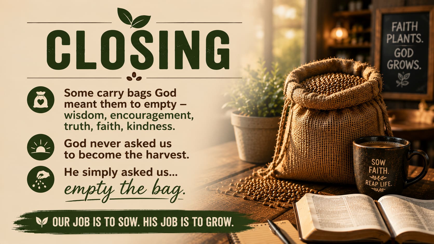 Closing — God never asked us to become the harvest. He simply asked us to empty the bag.